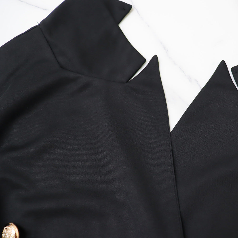 Double Breasted Lapel Pleated Wide Leg Jumpsuit - Black - 10