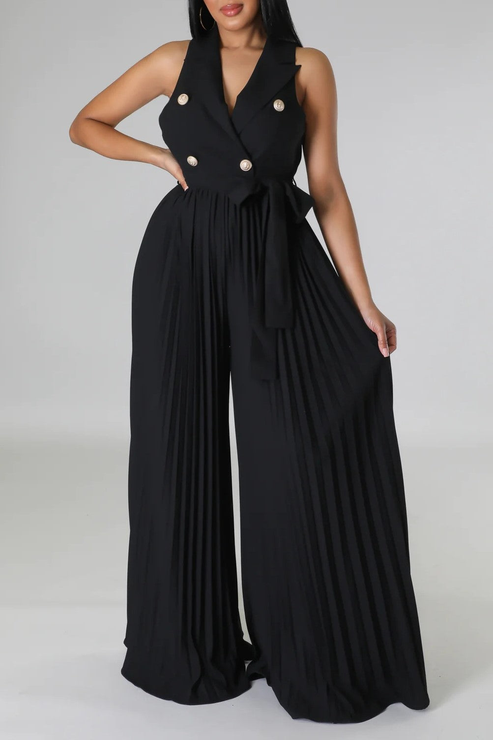 Double Breasted Lapel Pleated Wide Leg Jumpsuit - Black - 2