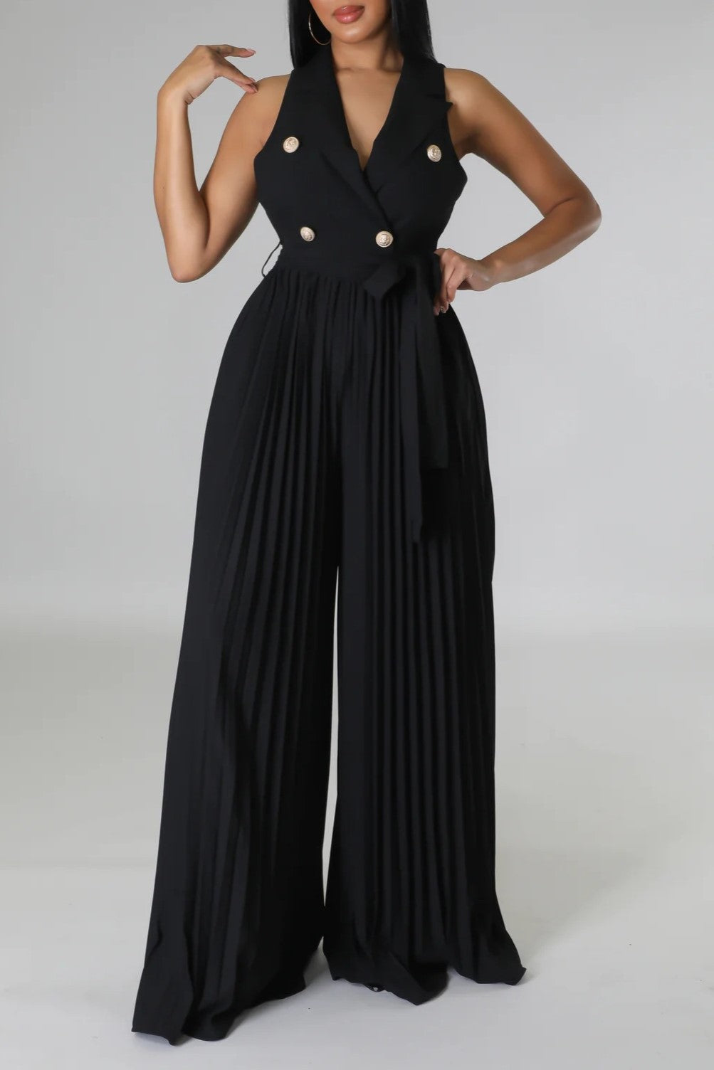 Double Breasted Lapel Pleated Wide Leg Jumpsuit - Black - 3