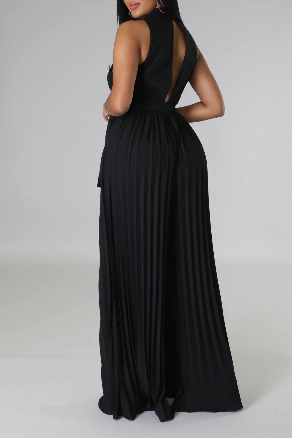 Double Breasted Lapel Pleated Wide Leg Jumpsuit - Black - 4