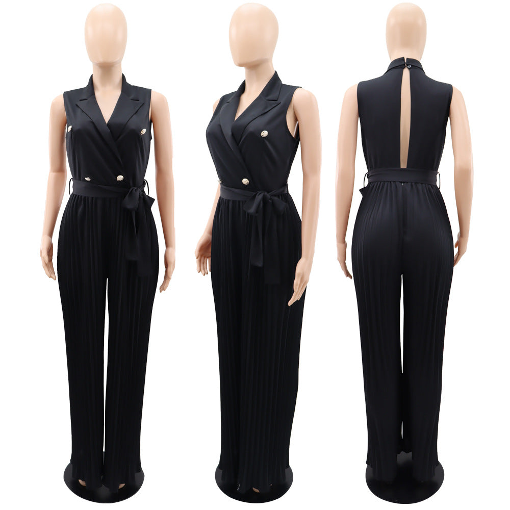 Double Breasted Lapel Pleated Wide Leg Jumpsuit - Black - 5
