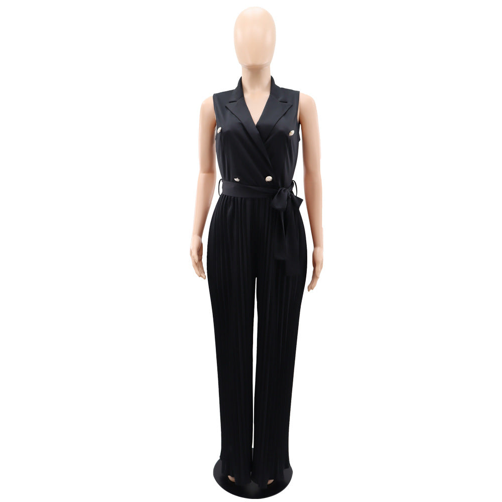 Double Breasted Lapel Pleated Wide Leg Jumpsuit - Black - 6