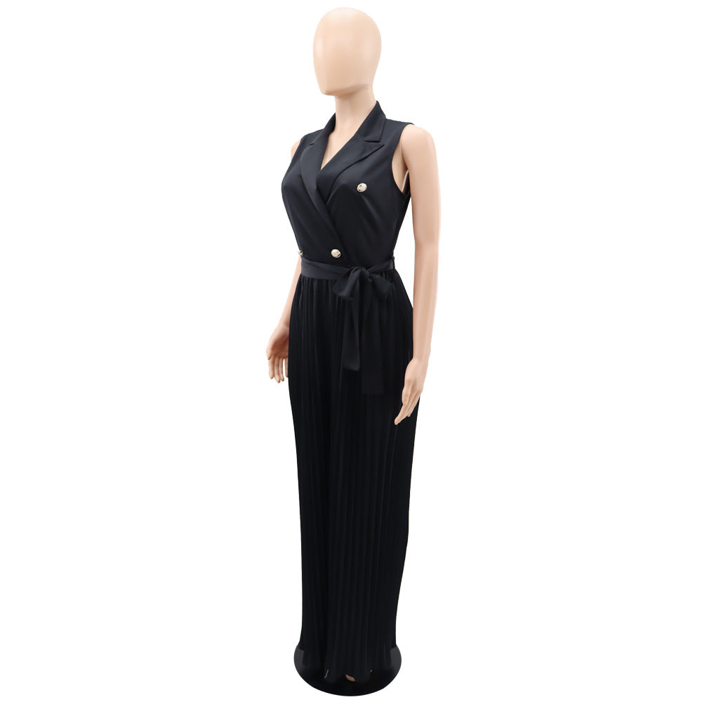 Double Breasted Lapel Pleated Wide Leg Jumpsuit - Black - 7