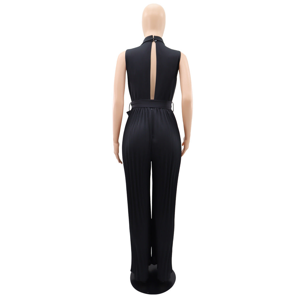Double Breasted Lapel Pleated Wide Leg Jumpsuit - Black - 8