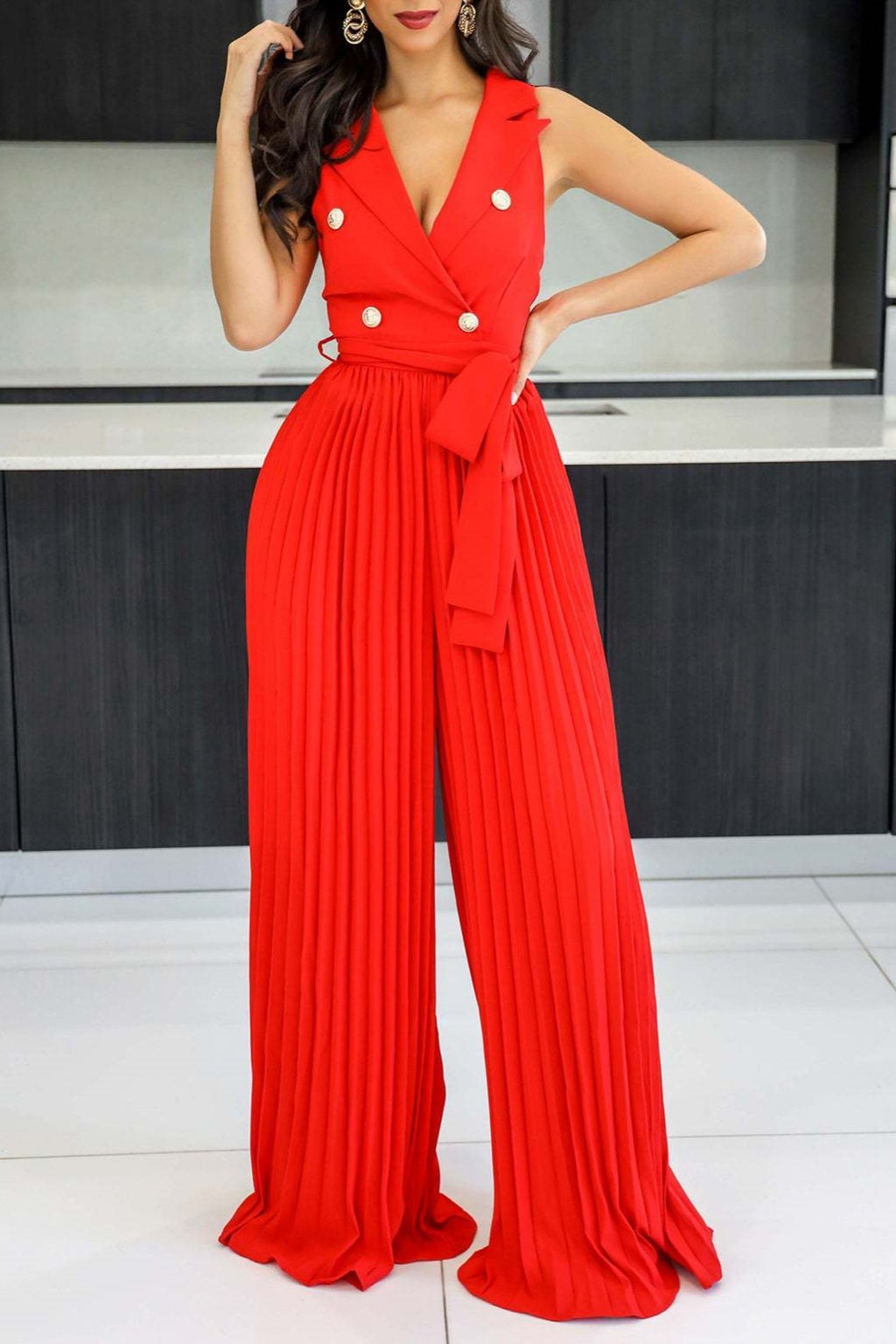 Double Breasted Lapel Pleated Wide Leg Jumpsuit - Red