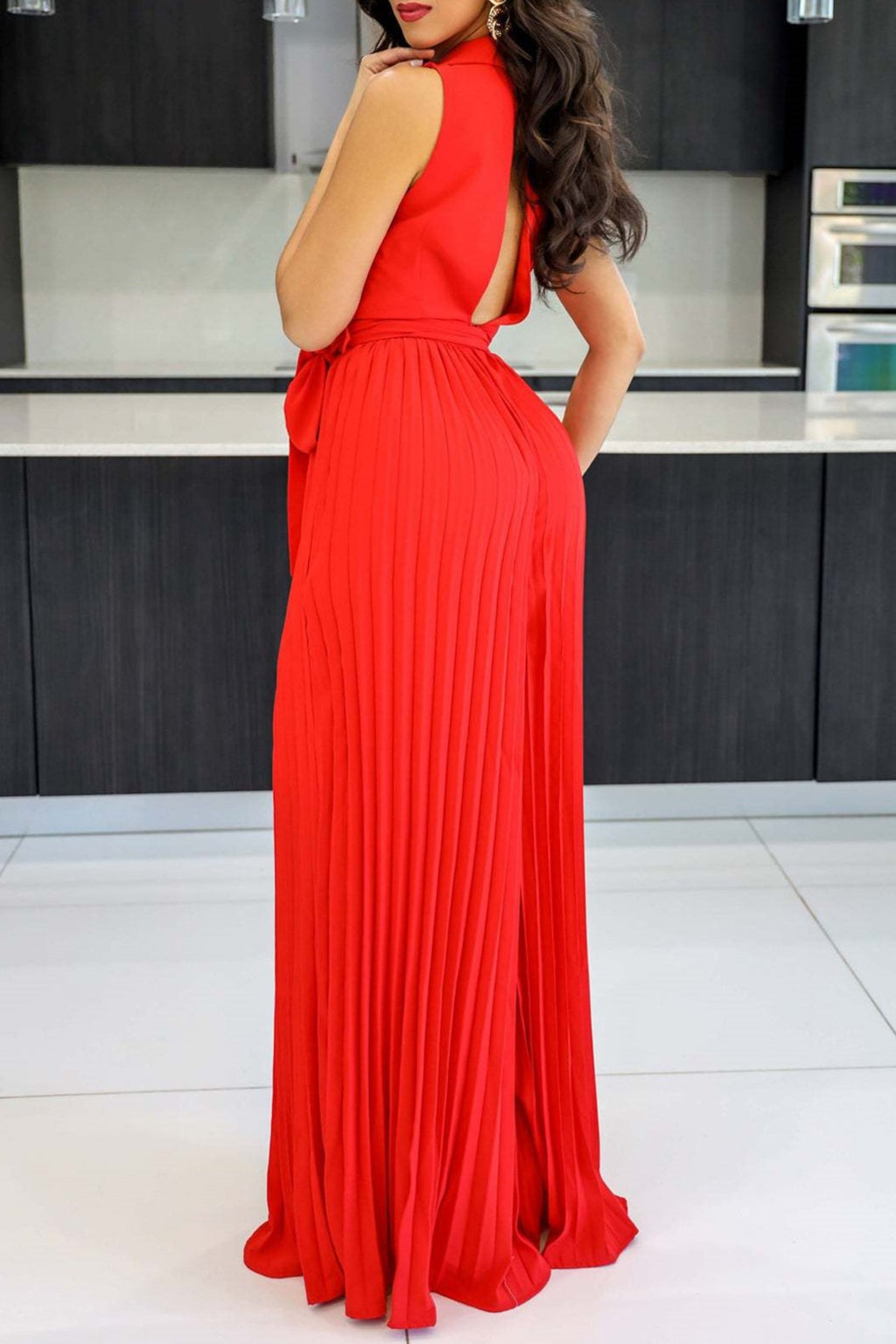 Double Breasted Lapel Pleated Wide Leg Jumpsuit - Red - 1