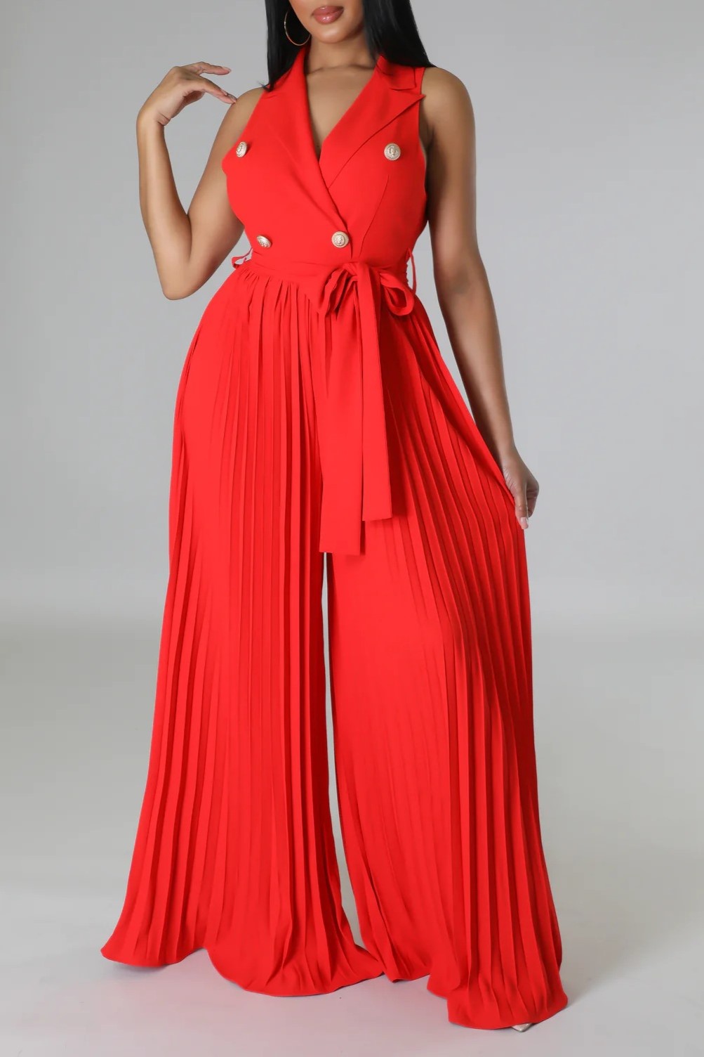 Double Breasted Lapel Pleated Wide Leg Jumpsuit - Red - 2