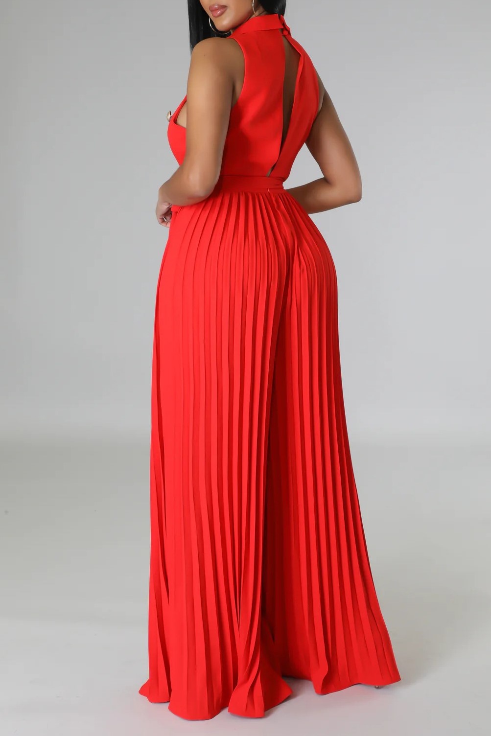 Double Breasted Lapel Pleated Wide Leg Jumpsuit - Red - 3