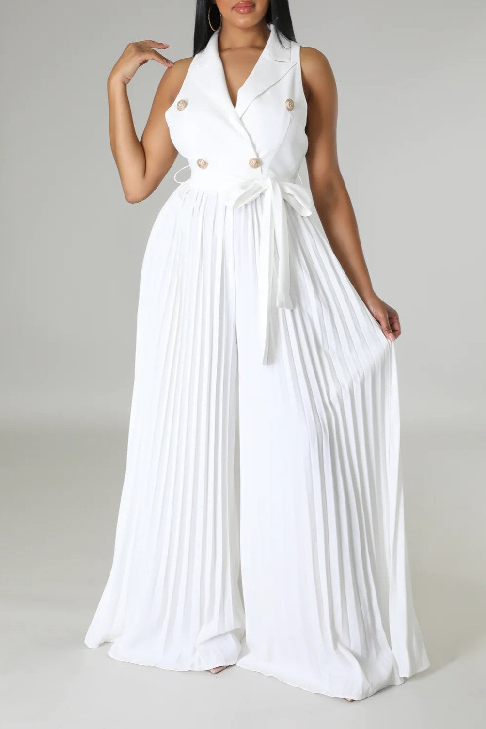 Double Breasted Lapel Pleated Wide Leg Jumpsuit - White