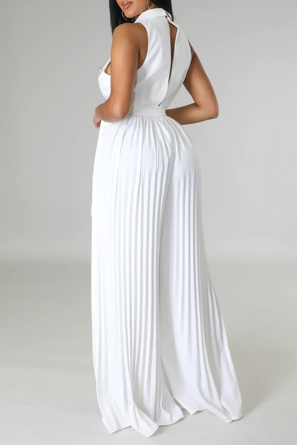 Double Breasted Lapel Pleated Wide Leg Jumpsuit - White - 1