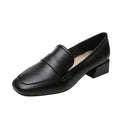 Square Toe Penny Loafers with Block Heel - Black