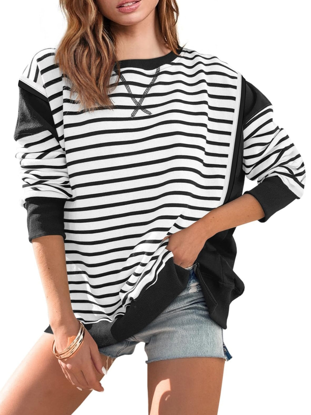 Contrast Panel Striped Crewneck Sweatshirt - Black