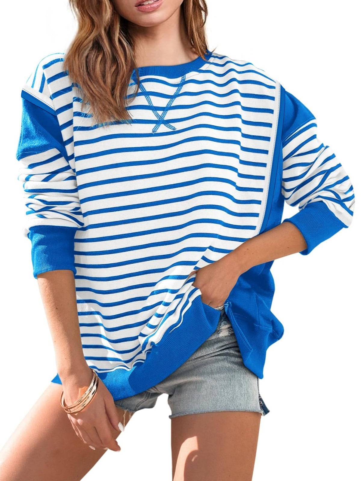 Contrast Panel Striped Crewneck Sweatshirt - Blue