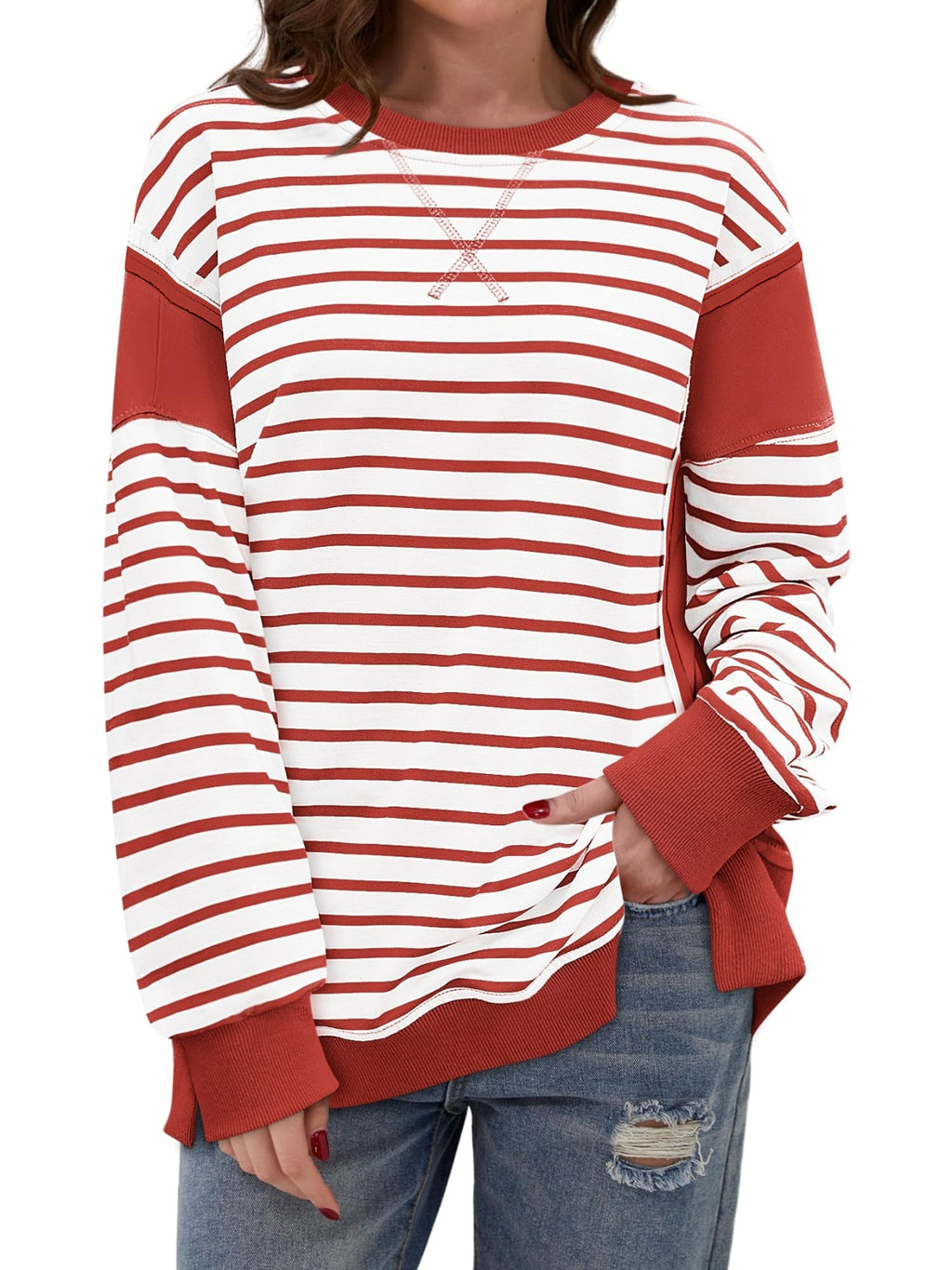 Contrast Panel Striped Crewneck Sweatshirt - Brickred