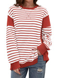 Contrast Panel Striped Crewneck Sweatshirt - Brickred