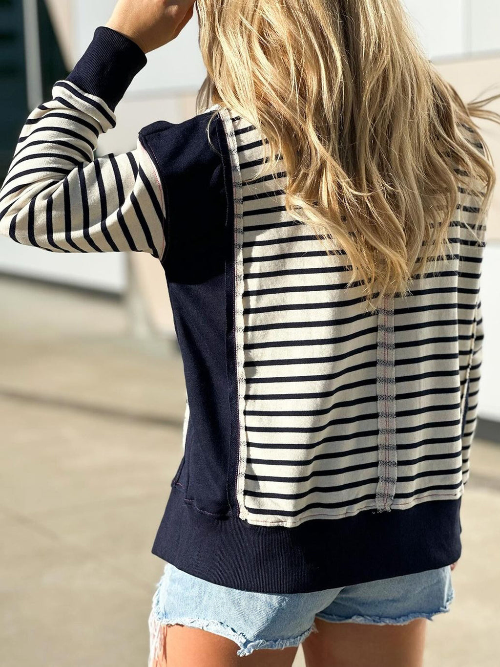 Contrast Panel Striped Crewneck Sweatshirt - Darkblue - 1