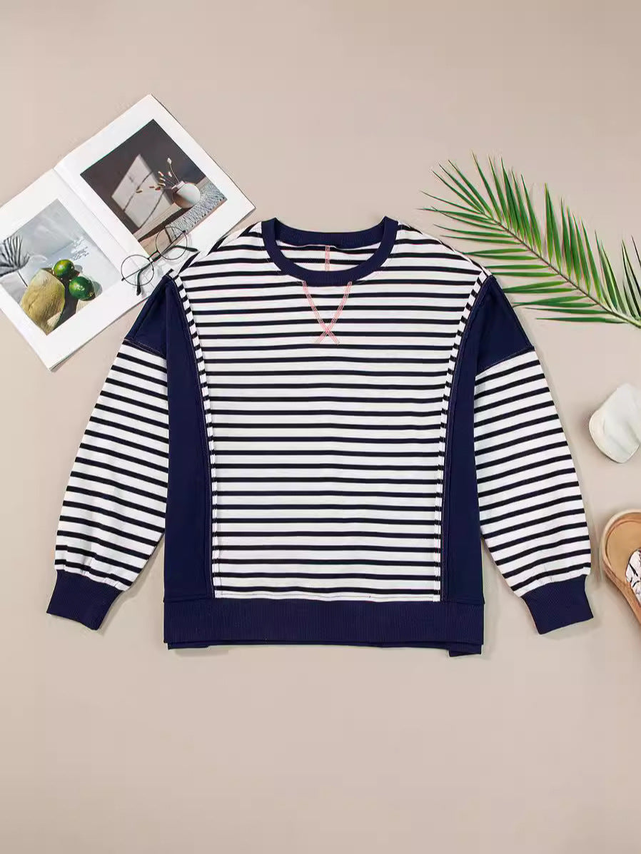 Contrast Panel Striped Crewneck Sweatshirt - Darkblue - 3