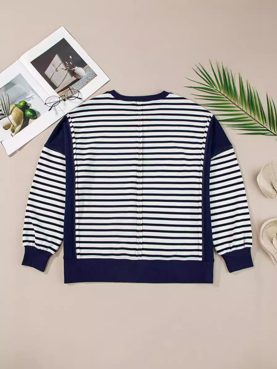 Contrast Panel Striped Crewneck Sweatshirt - Darkblue - 4