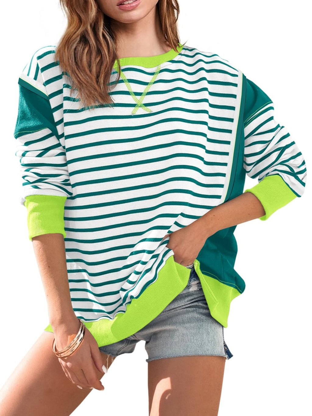 Contrast Panel Striped Crewneck Sweatshirt - Green