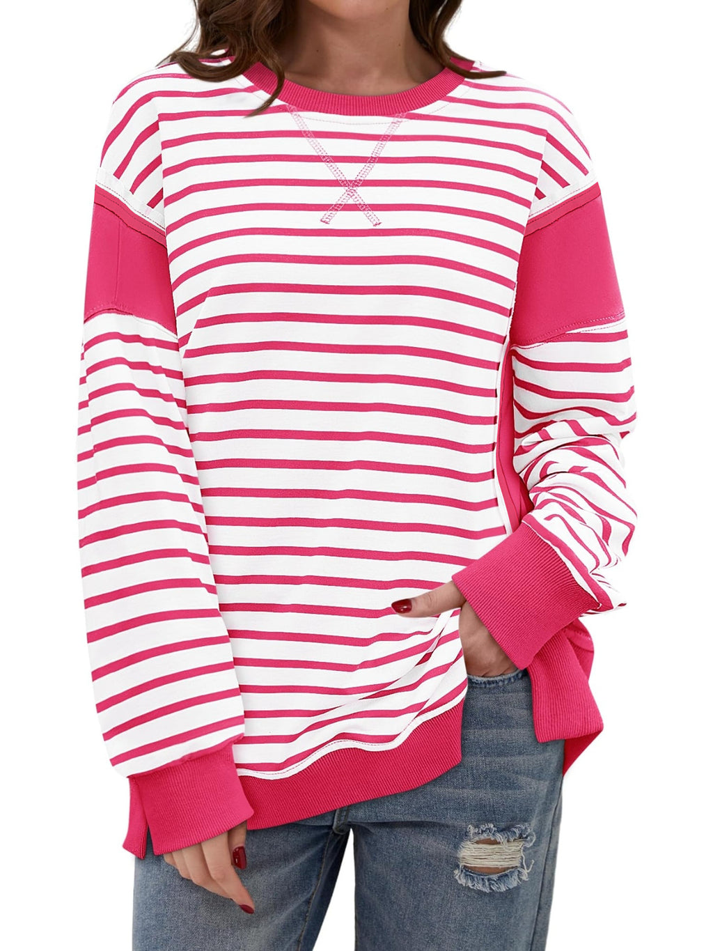 Contrast Panel Striped Crewneck Sweatshirt - Pink