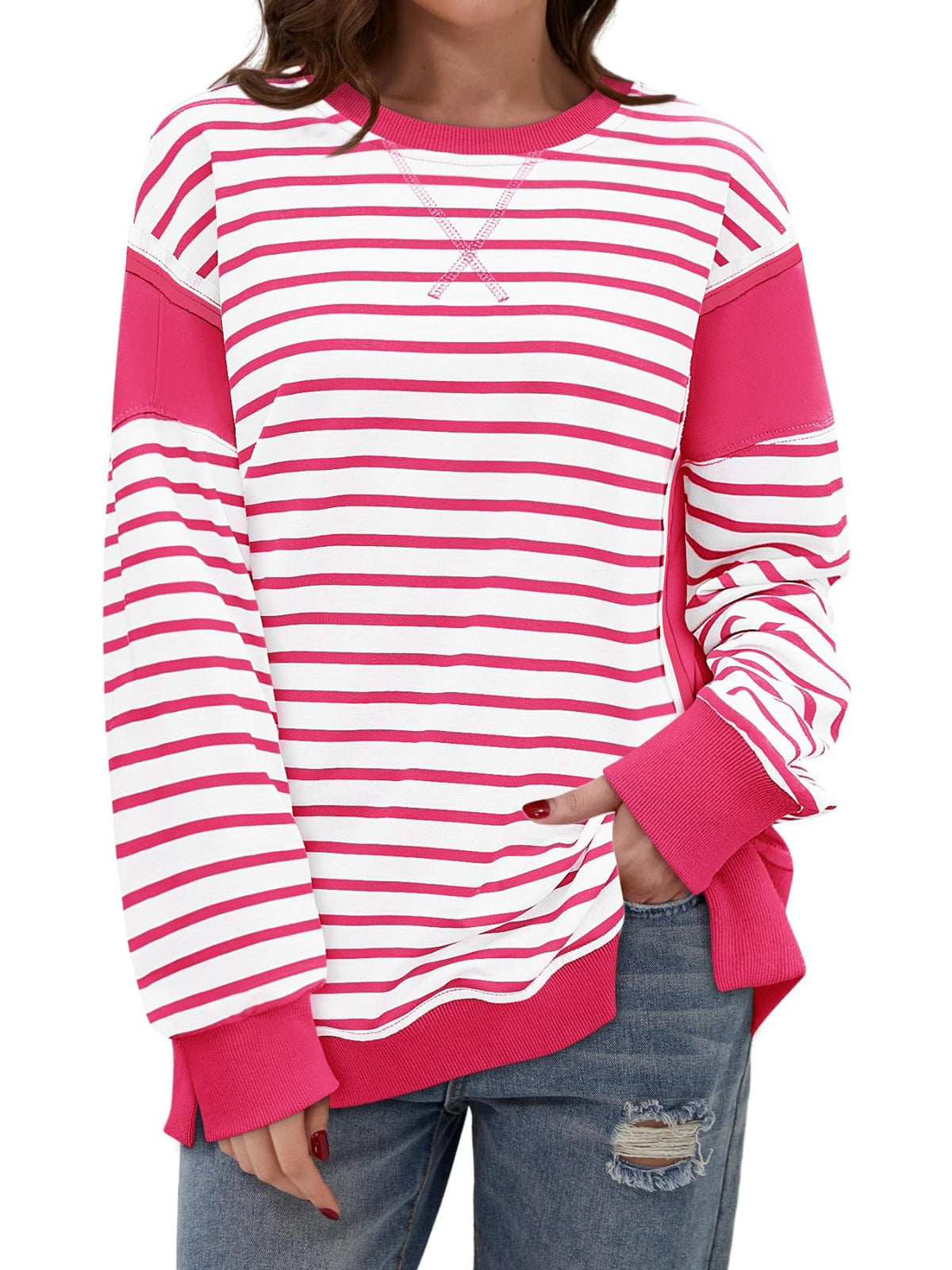 Contrast Panel Striped Crewneck Sweatshirt - Pink