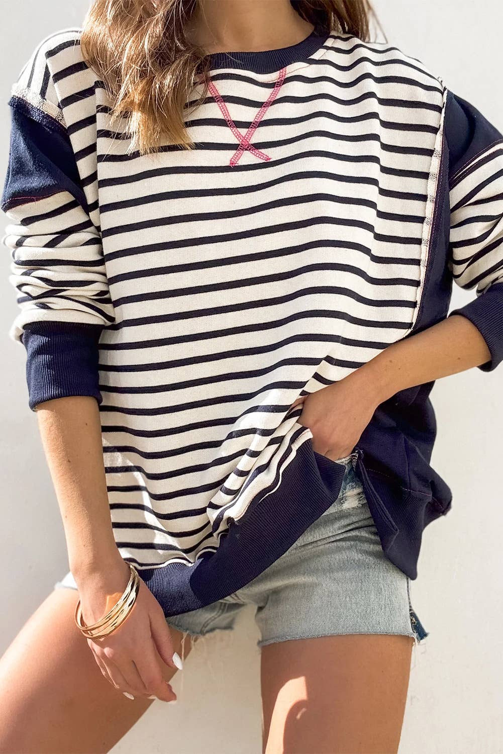 Contrast Panel Striped Crewneck Sweatshirt
