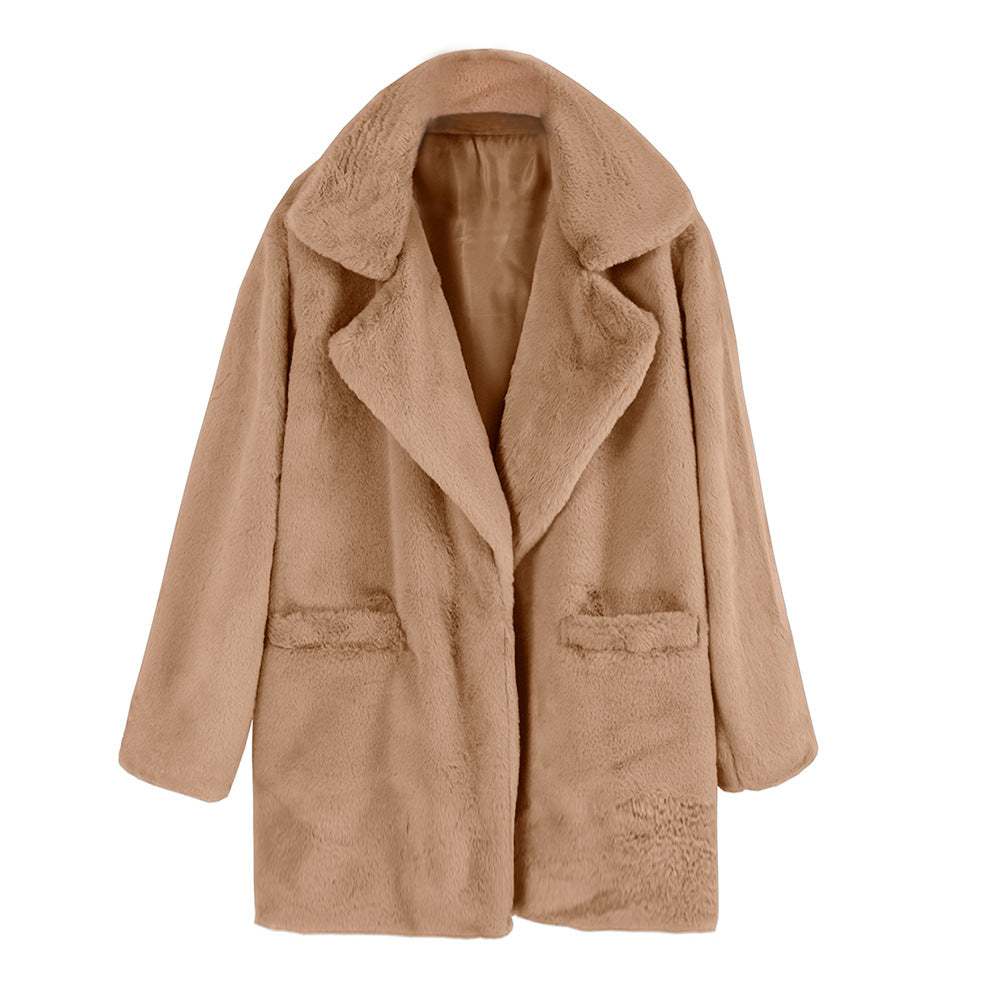 Oversized Plush Faux Fur Lapel Coat - Khaki