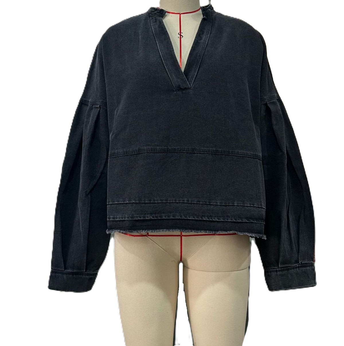 Oversized Denim V Neck Popover Top - Black