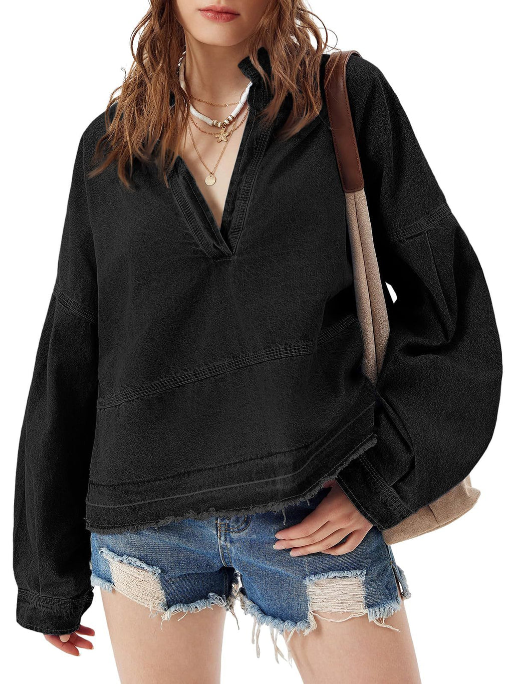 Oversized Denim V Neck Popover Top - Black - 1