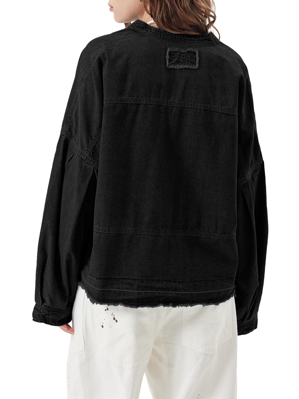 Oversized Denim V Neck Popover Top - Black - 2