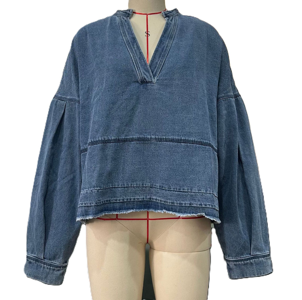 Oversized Denim V Neck Popover Top - Blue