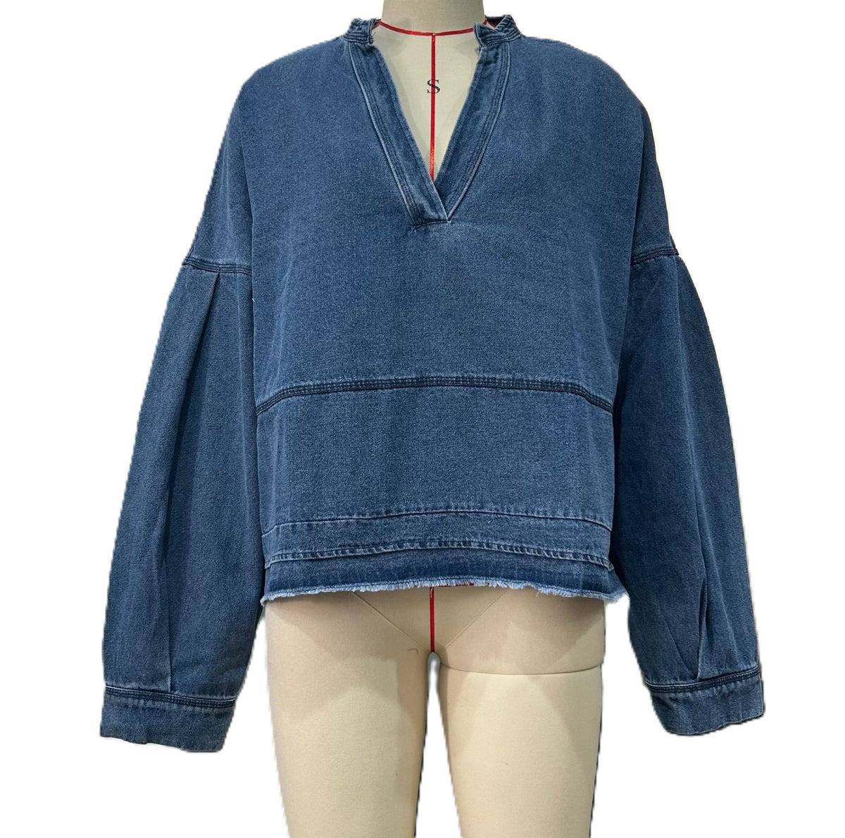 Oversized Denim V Neck Popover Top - Darkblue