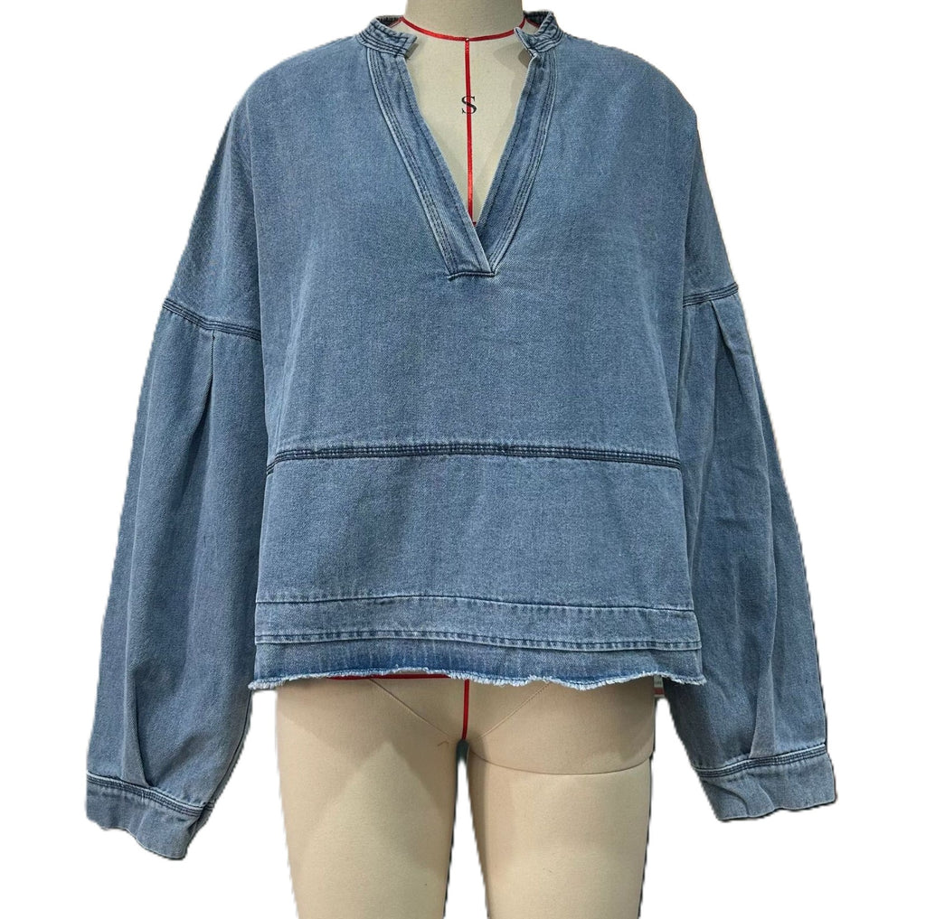 Oversized Denim V Neck Popover Top - Lightblue