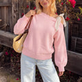 One Shoulder Knit Sweater With Chiffon Bow - Pink
