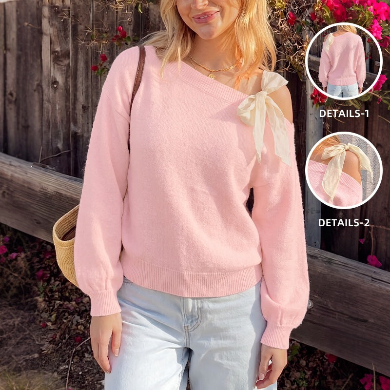 One Shoulder Knit Sweater With Chiffon Bow - Pink - 1