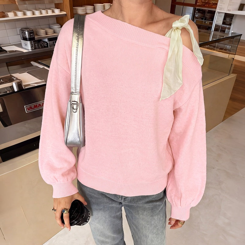 One Shoulder Knit Sweater With Chiffon Bow - Pink - 2