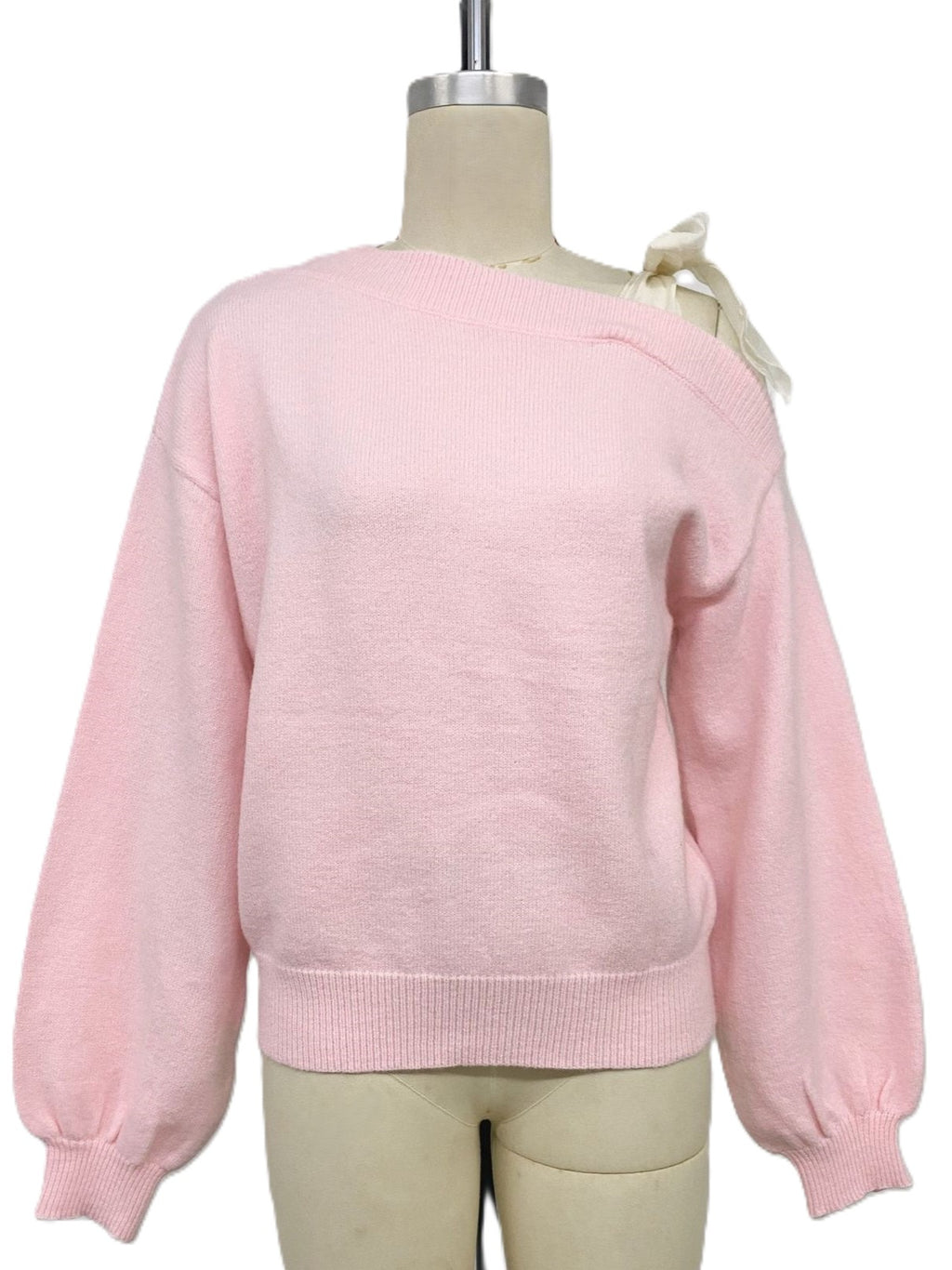 One Shoulder Knit Sweater With Chiffon Bow - Pink - 4