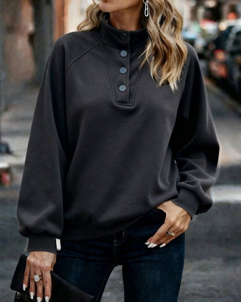 Mock Neck Button Placket Raglan Sweatshirt - Black