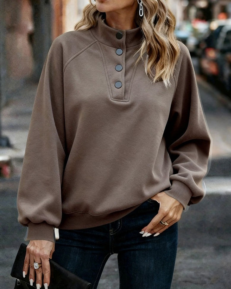 Mock Neck Button Placket Raglan Sweatshirt - Coffee