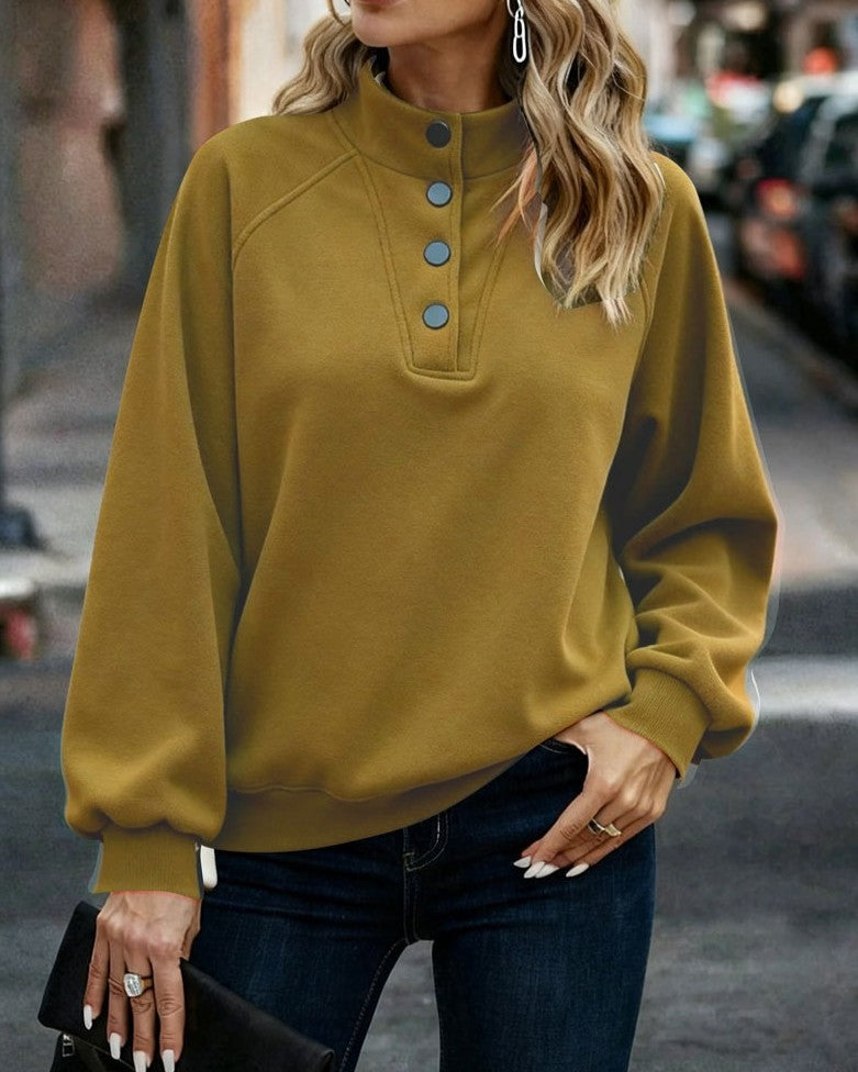 Mock Neck Button Placket Raglan Sweatshirt - Yellow