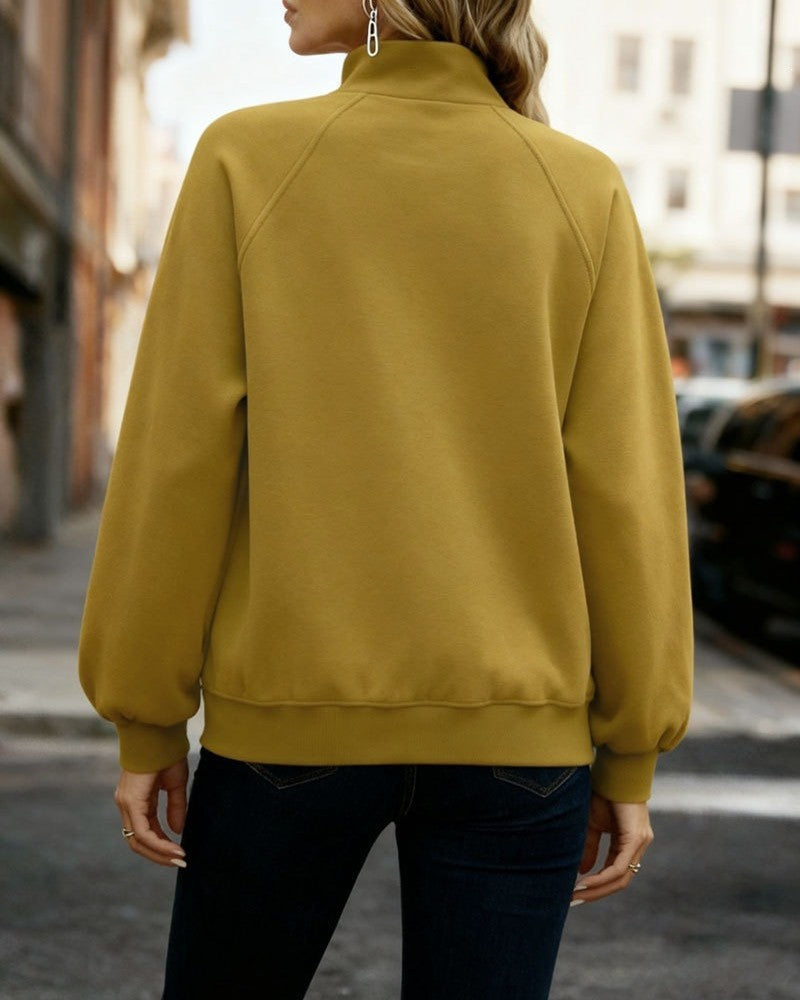 Mock Neck Button Placket Raglan Sweatshirt - Yellow - 1