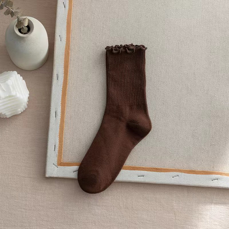 Lettuce Trim Ribbed Crew Socks - DarkCoffee