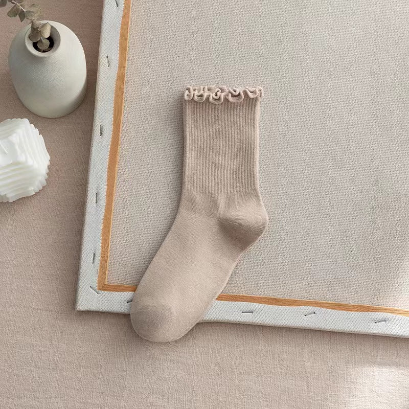 Lettuce Trim Ribbed Crew Socks - Khaki