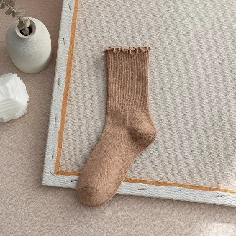 Lettuce Trim Ribbed Crew Socks - LightCoffee