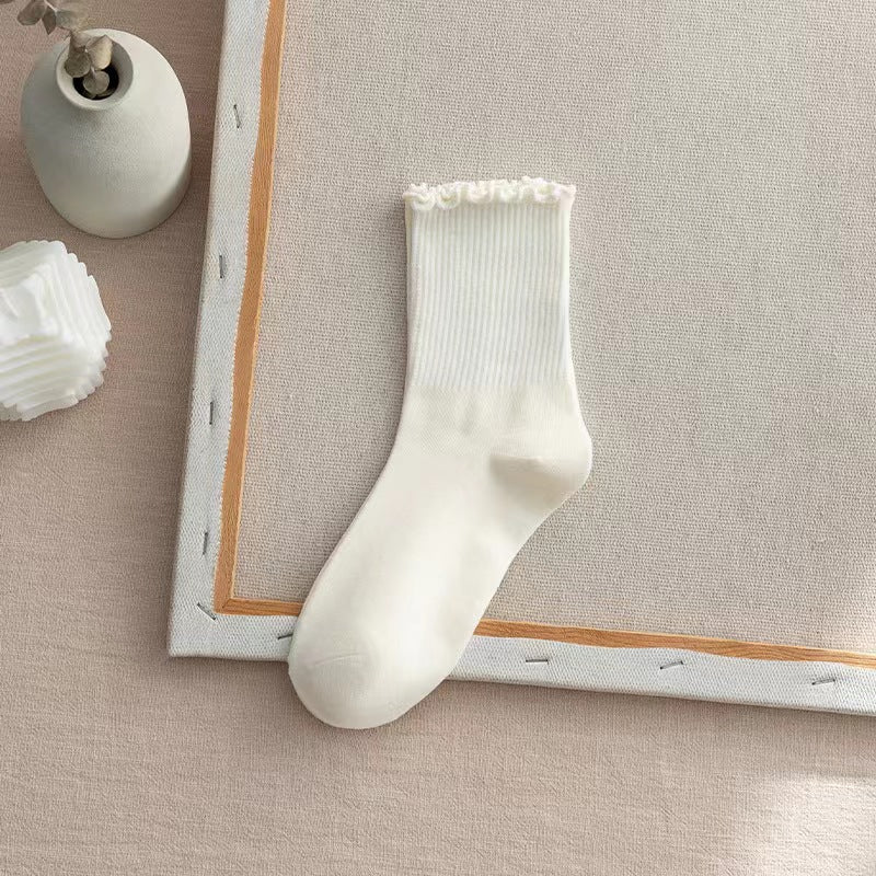 Lettuce Trim Ribbed Crew Socks - MilkWhite