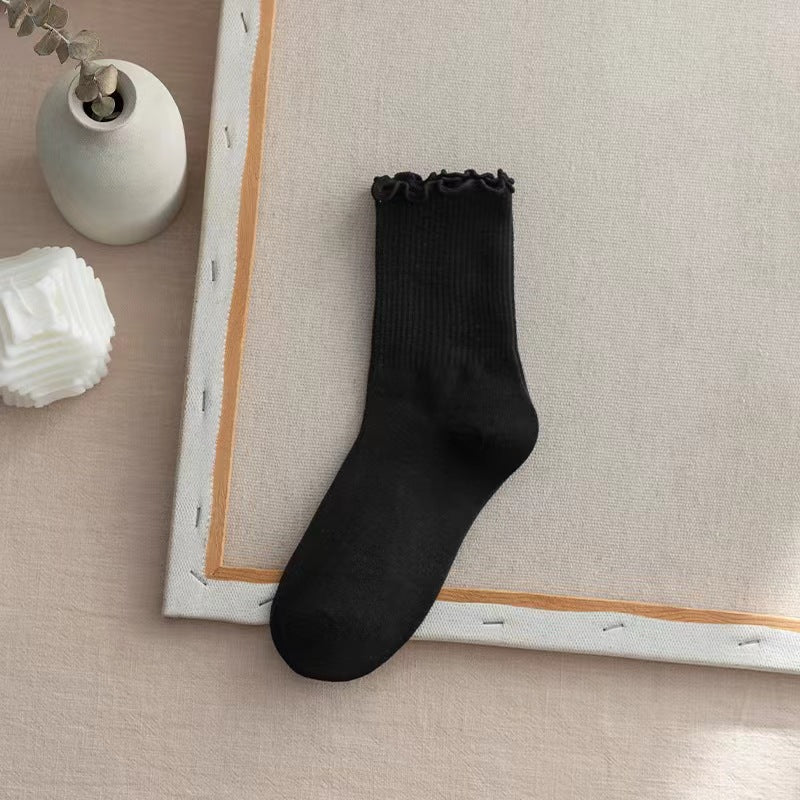 Lettuce Trim Ribbed Crew Socks - black