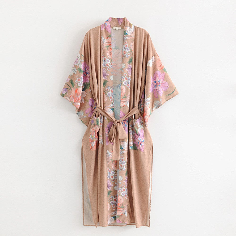 Tropical Bird Print Belted Longline Kimono - Khaki