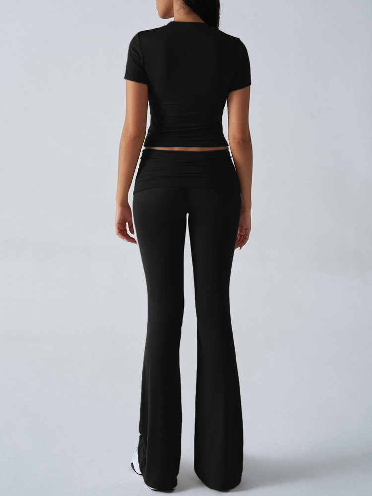 Cropped Tee And Flared Trousers Set - Black - 5