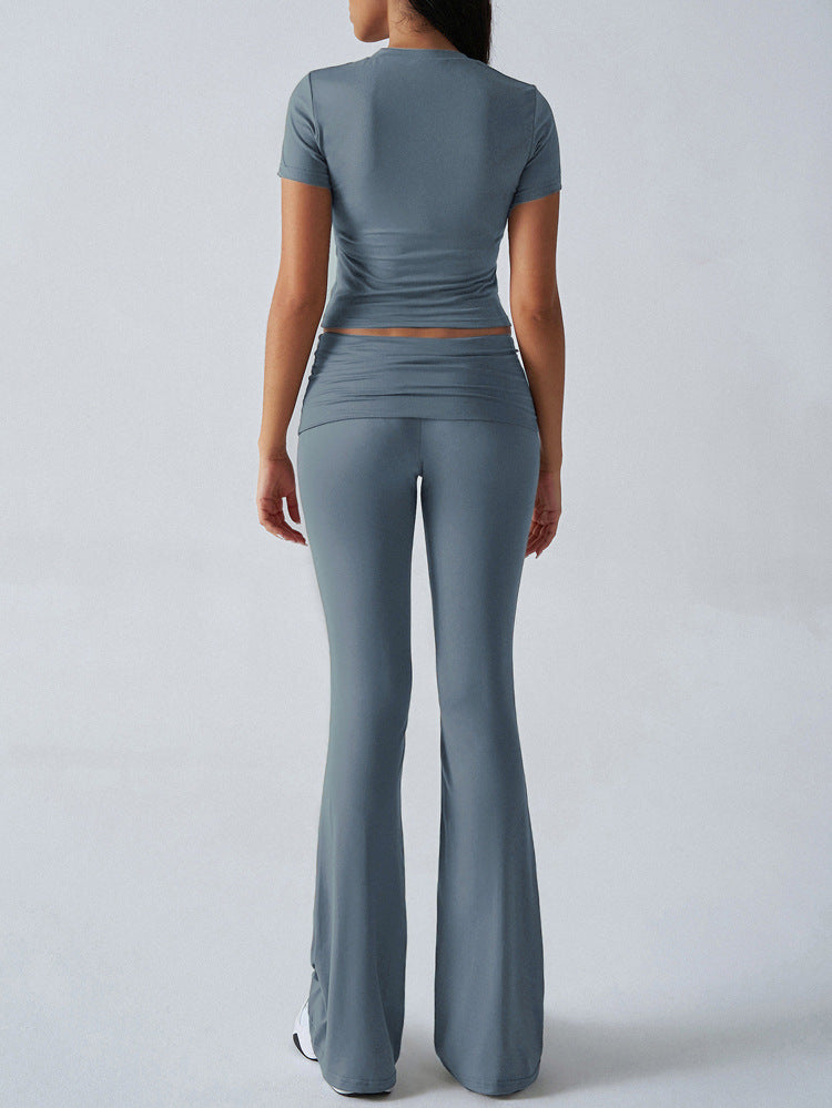 Cropped Tee And Flared Trousers Set - Blue - 4