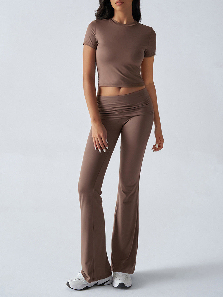 Cropped Tee And Flared Trousers Set - Curry - 3